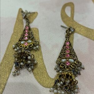 Elegant Gold Tone and Pink with White Rhinestone Dangle Earrings